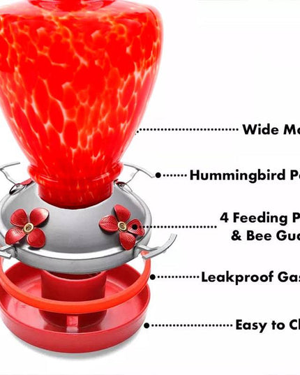 Hand Blown Glass Hummingbird Feeder  - 38 Ounces - Libiyi